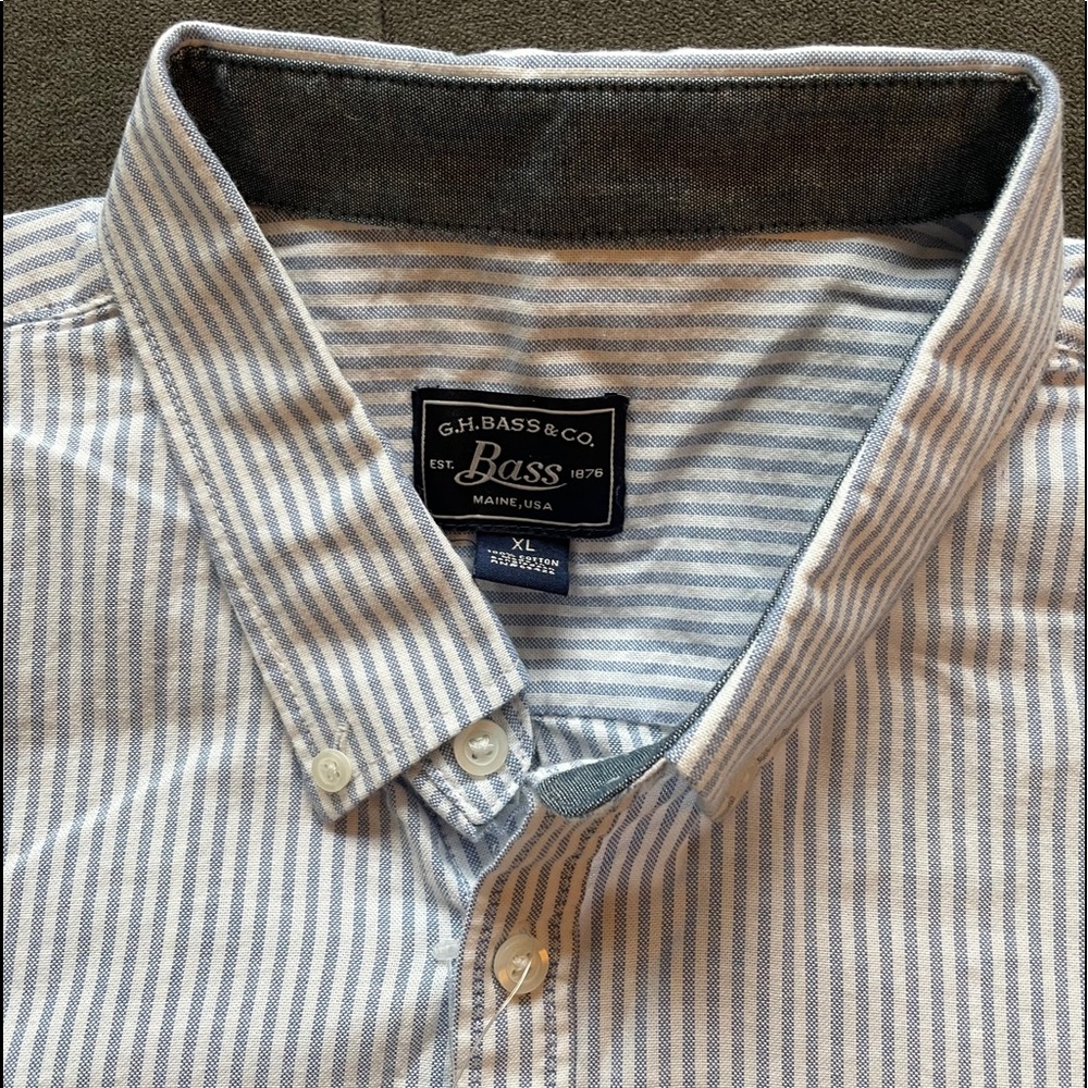 White and Blue “Railway” Striped Button Down